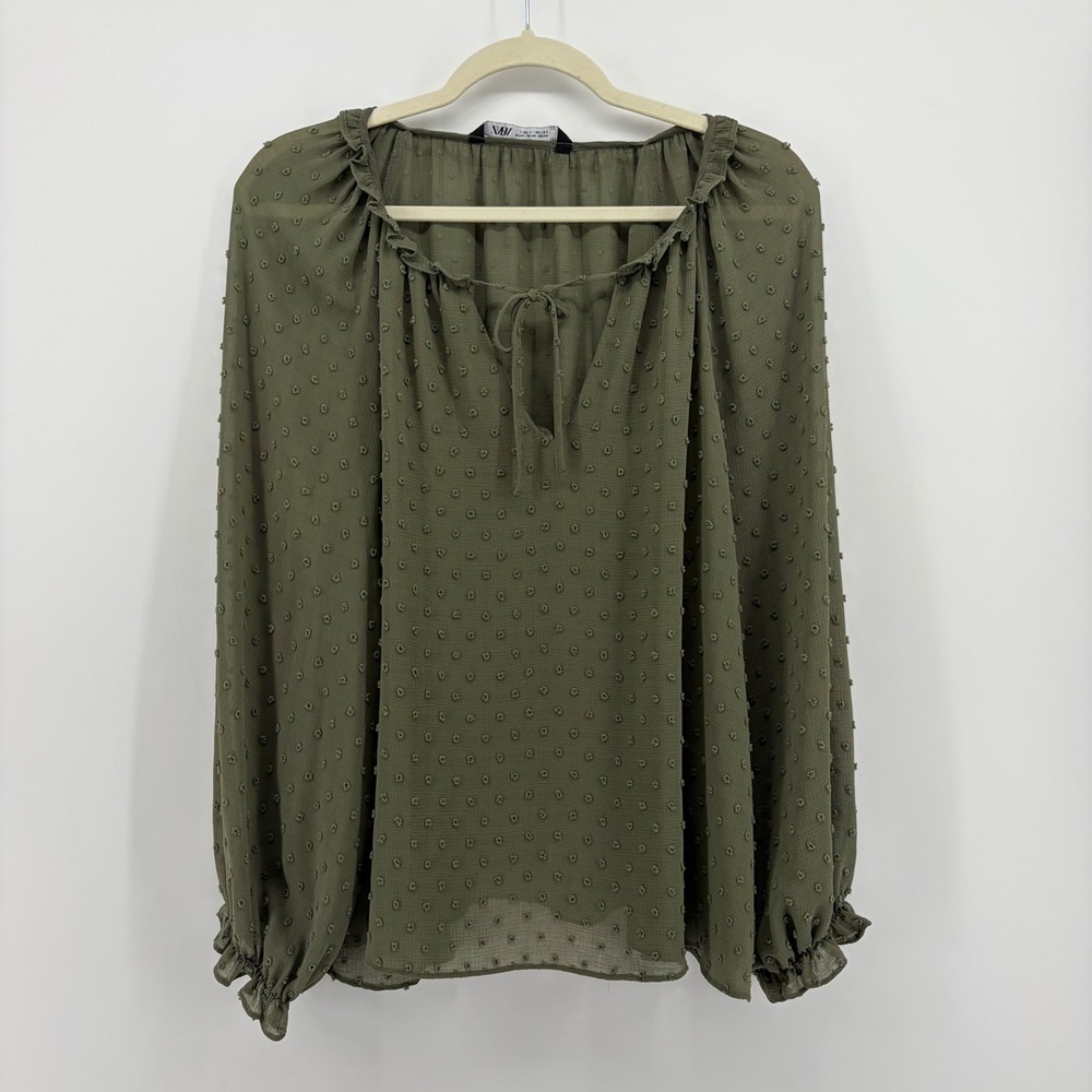 Zara Womens XL Olive Green Blouse Clip Dot Ruffle Tie Neck Long Sleeve Relaxed